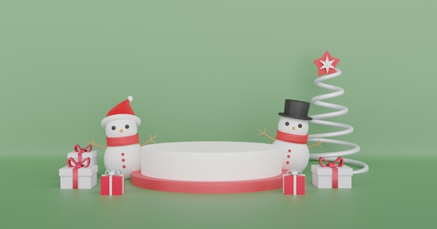 Buon Natale, feste di Natale con pupazzo di neve e podio per un prodotto. .