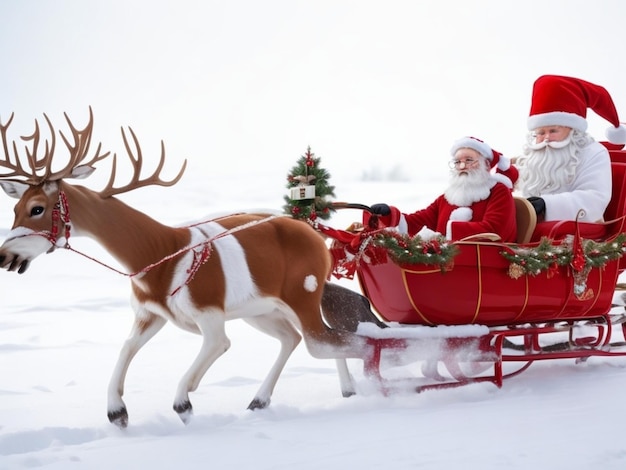 Buon Natale Foto di Babbo Natale con cervi e scatola regalo una squadra di renne