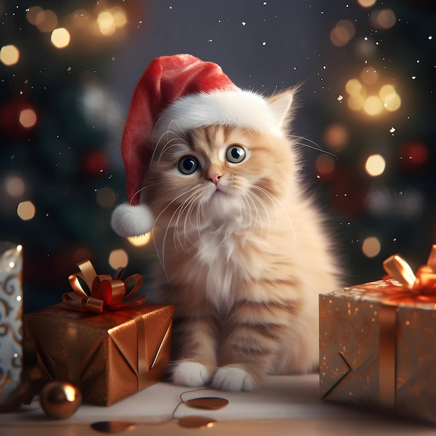 Buon Natale Gatto carino e soffice con il cappello di Babbo Natale immagine generata dall'AI