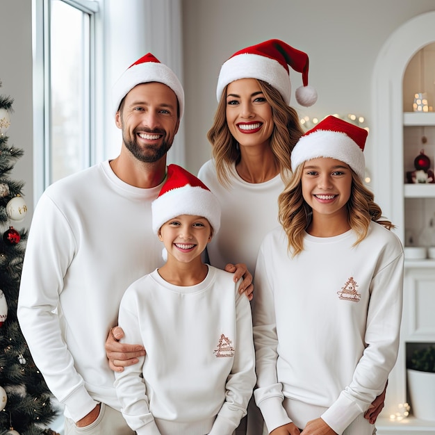 Buon Natale genitori felici con i loro due figli vicino all'albero nel loro salotto