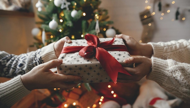 Buon Natale Paio di mani che si scambiano il regalo di Natale con l'arco rosso contro l'albero di Natale nelle luci