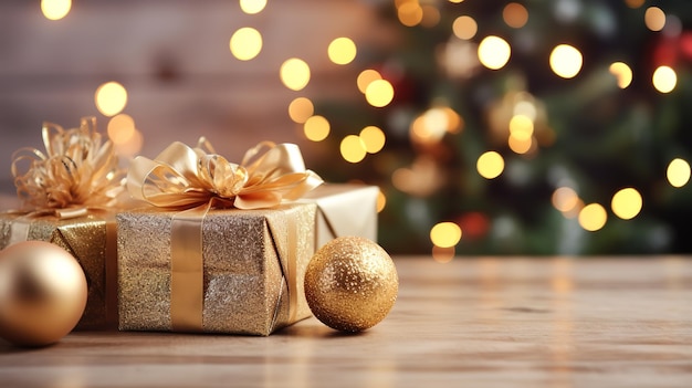 Buon Natale Palle di Natale d'oro e scatole regalo di Natale su un tavolo di legno