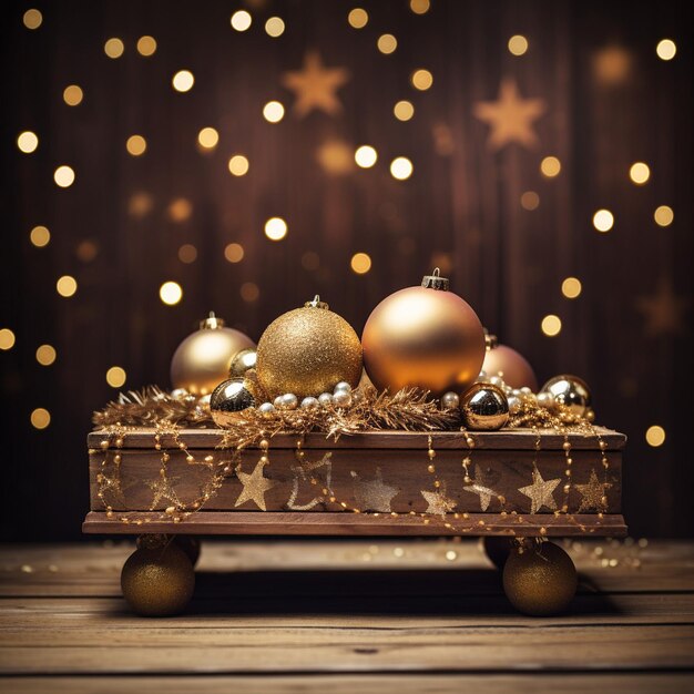 Buon Natale, podio dorato con palle e decorazioni per l'albero.