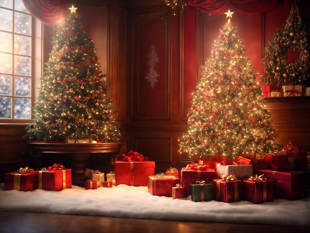 Buon Natale rosso e buon anno nuovo con l'albero di Natale e la scatola regalo AI GENERATA