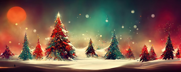 Buon Natale sfondo con alberi di pino palle regali e decorazioni natalizie Illustrazione digitale