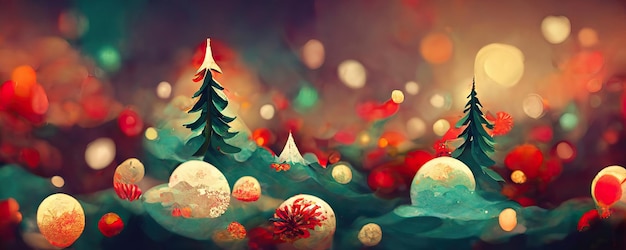 Buon Natale sfondo con alberi di pino palle regali e decorazioni natalizie Illustrazione digitale