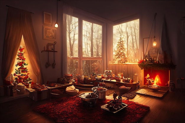 Buon Natale sfondo con regalo accanto all'albero di Natale in camera decorata con camino Illustrazione digitale