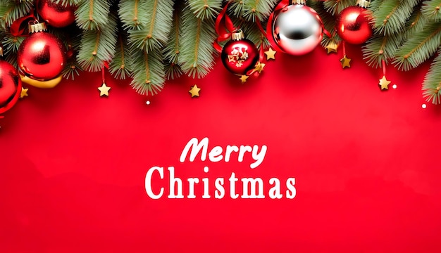 Buon Natale su uno sfondo rosso con decorazioni natalizie