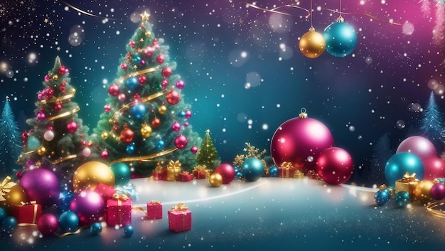 Buon Natale sullo sfondo con varie luci colorate palle scatola regalo e albero di Natale