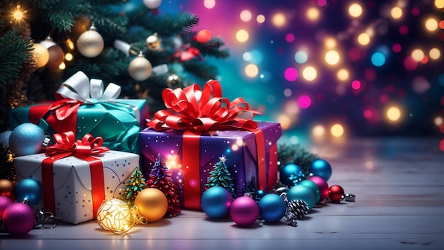 Buon Natale sullo sfondo con varie luci colorate palle scatola regalo e albero di Natale