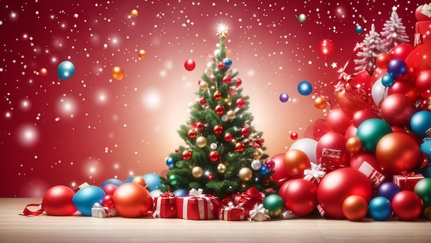 Buon Natale sullo sfondo con varie luci colorate palle scatola regalo e albero di Natale