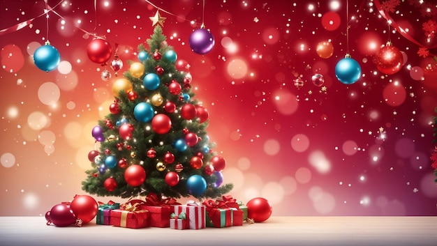 Buon Natale sullo sfondo con varie luci colorate palle scatola regalo e albero di Natale