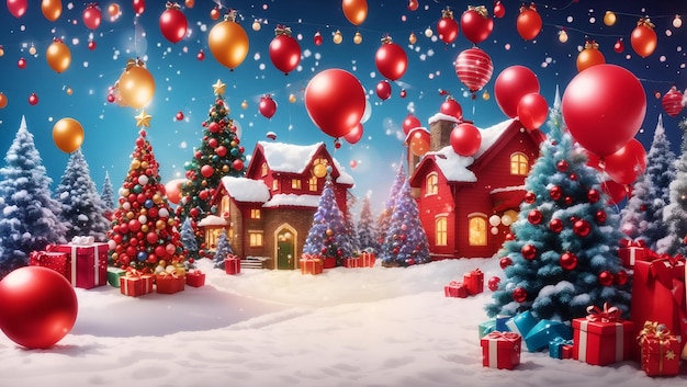 Buon Natale sullo sfondo con varie luci colorate palle scatola regalo e albero di Natale