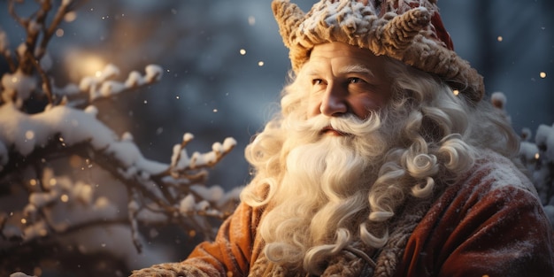 Buon Natale, vacanza invernale, cartolina d'auguri di sfondo, Babbo Natale seduto su una slitta di Natale con fiocchi di neve di renne e luci bokeh del sole