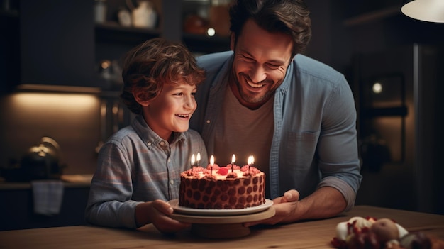 Buon padre e figlio che festeggiano il compleanno con un'enorme e gustosa torta con candele Creato con la tecnologia generativa AI