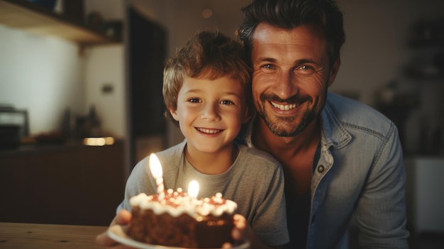 Buon padre e figlio che festeggiano il compleanno con un'enorme e gustosa torta con candele Creato con la tecnologia generativa AI