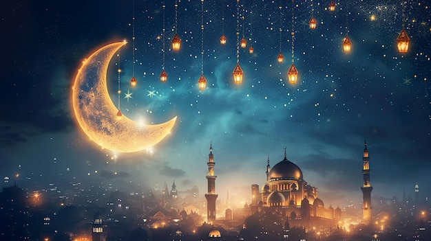 Buon Ramadan, buon Eid Ramadan, Eid Islamico, luna islamica, design islamico e striscia di Ramadan Mubarak