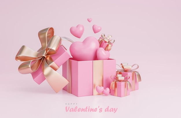 Buon San Valentino banner con cuori 3d, confezione regalo e romantiche decorazioni di San Valentino su sfondo rosa.,Modello 3d e illustrazione.