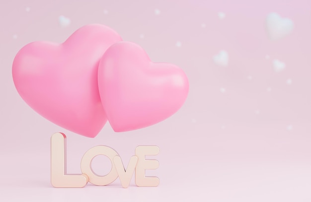 Buon San Valentino banner con cuori 3d, testo amore e romantiche decorazioni di San Valentino su sfondo rosa.,Modello 3d e illustrazione.