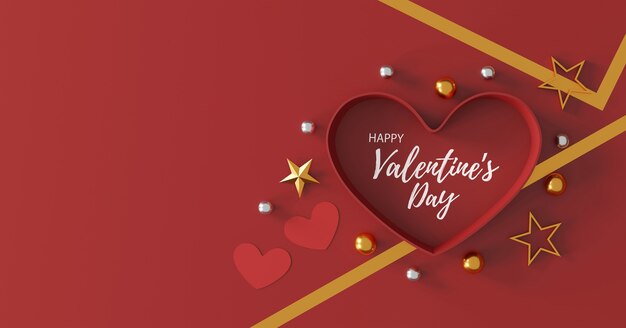 Buon San Valentino concetto. confezione regalo a forma di cuore su sfondo rosso. spazio per il testo. laici piatta. vista dall'alto. Illustrazione 3D