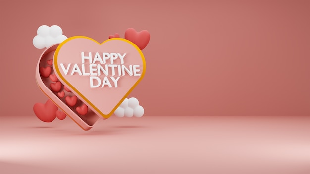 Buon San Valentino di cuori in confezione regalo cuore con nuvola su sfondo blu. Rendering 3D
