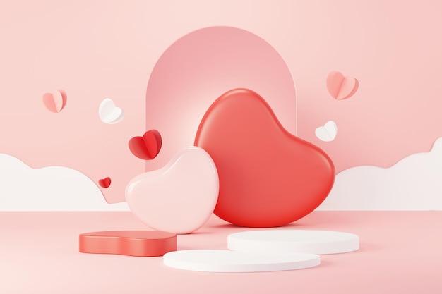 Buon San Valentino Minimal dolce scena d'amore con podio espositivo per mock up e presentazione del marchio del prodotto Piedistallo rosa Simpatico sfondo cuore adorabile Rendering 3D in stile giorno d'amore