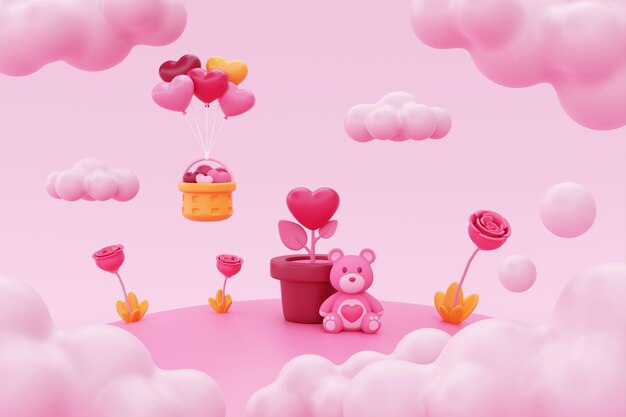 Buon San Valentino Orsacchiotto rosa e mongolfiera a forma di cuore ad aria calda che galleggia intorno alla nuvola Sfondo del display promozionale per il rendering 3d di San Valentino