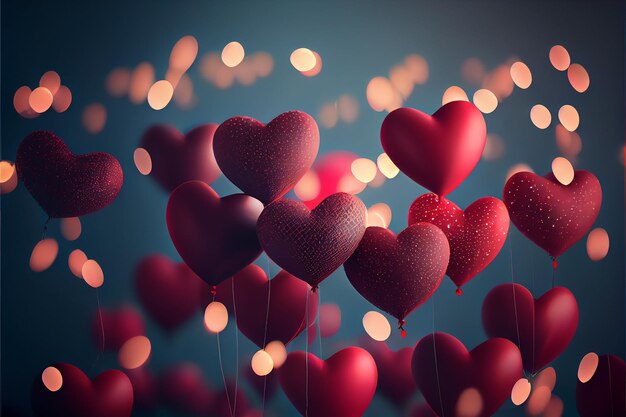 Buon San Valentino palloncini a forma di cuore bokeh sfondo illuminazione concetto di amore IA generativa