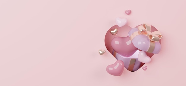 Buon San Valentino sfondo rosa con amore cuori palloncini e scatole regalo illustrazione 3D