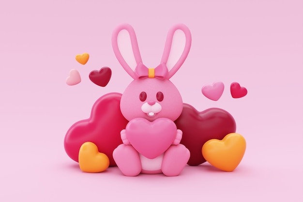 Buon San Valentino Teddy coniglietto con palloncini a forma di cuore rosso e rosa Sfondo del display promozionale per il rendering 3d di San Valentino