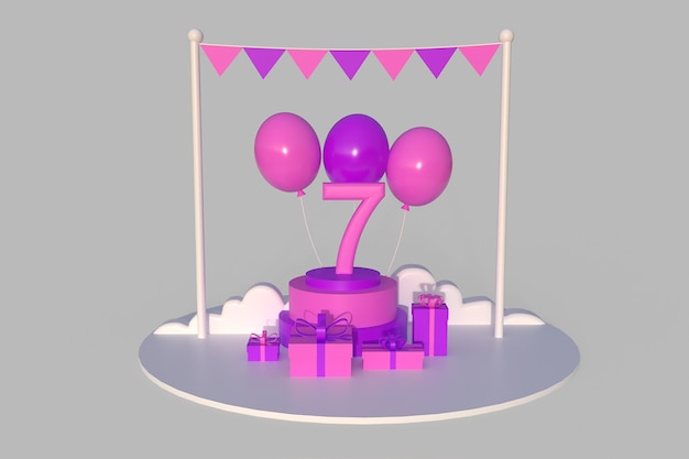 Buon settimo compleanno con scatole regalo, palloncini e altri ornamenti di compleanno. Illustrazione di rendering 3D