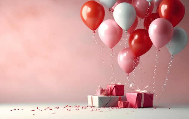 Buon Valentino, matrimonio, buon compleanno con palloncini di cuori e scatola regalo, IA generativa.