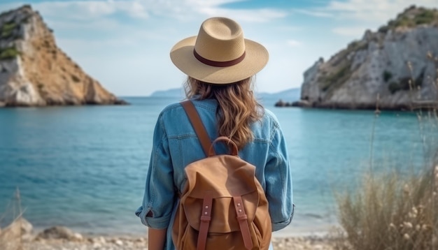 Buon viaggio donna con cappello in vacanza Su un ponte di corda nel concetto di foresta pluviale