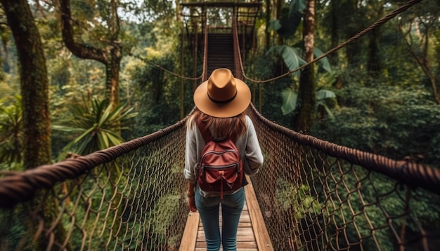Buon viaggio donna con cappello in vacanza Su un ponte di corda nel concetto di foresta pluviale