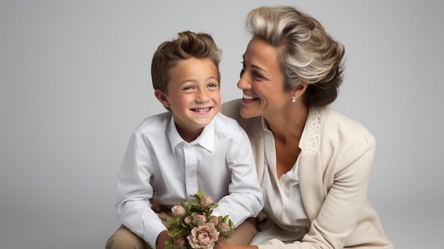 Buona Festa della Madre divertente adorabile bella donna che indossa abiti casuali con bambino bambino