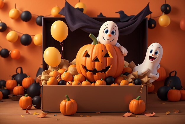 Buona idea di Halloween scatola aperta con fantasma di zucca e palloncini su sfondo arancione