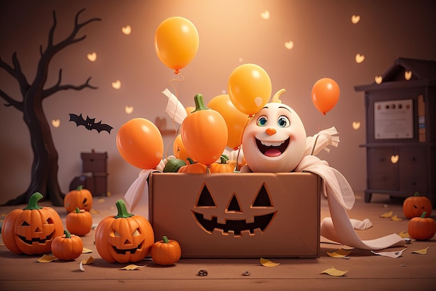 Buona idea di Halloween scatola aperta con fantasma di zucca e palloncini su sfondo arancione