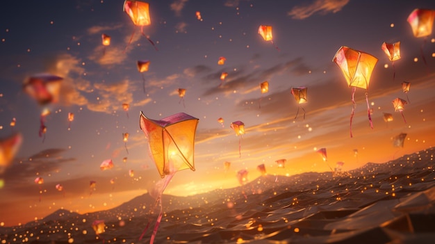 Buona Makar Sankranti festa indù dedicata alla divinità del sole Surya colorati aquiloni volanti che volano tempo per esprimere gratitudine e celebrare la stagione del raccolto banner copia spazio biglietto di auguri