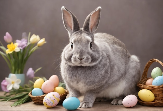 Buona Pasqua a casa con fiori di primavera e un coniglio sullo sfondo di una stanza luminosa