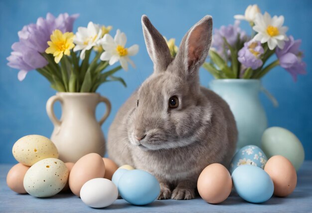 Buona Pasqua a casa con i fiori primaverili e un coniglio sullo sfondo blu della stanza