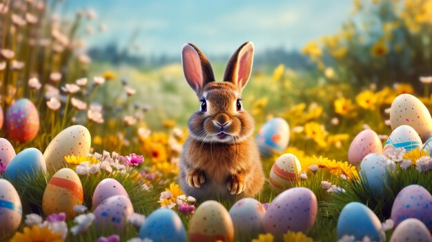 Buona Pasqua bambini carta piccolo coniglio gallina pollo coniglio grigio e decorativo uova colorate su verde