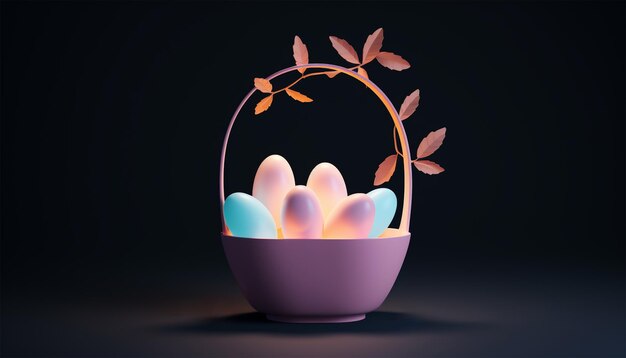 Buona Pasqua brillanti uova di neon retro su sfondo scuro uova di Pasqua 3D a colori pastello copia spazio