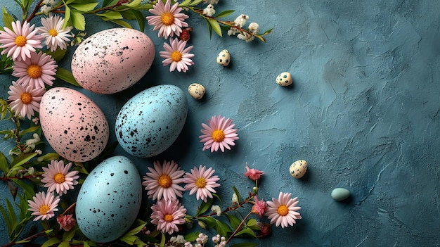 Buona Pasqua colorate uova di cioccolato di Pasqua con fiori di ciliegio piatte distese su uno sfondo blu