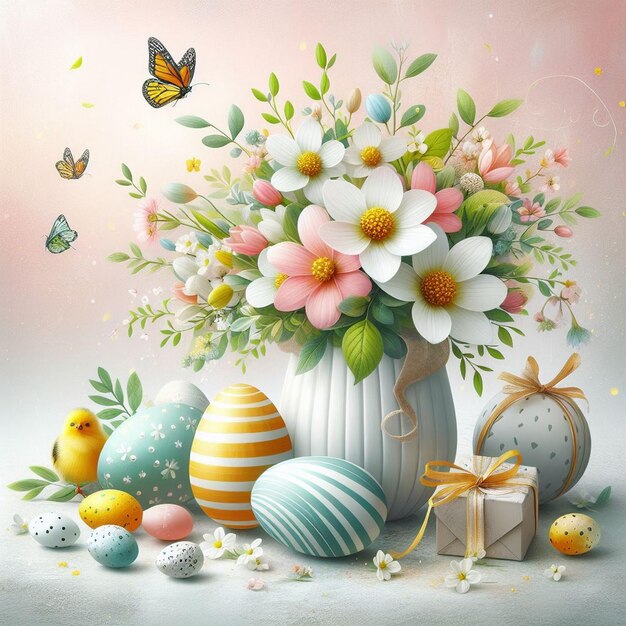 Buona Pasqua lettere colorate con fiori uova di Pasqua colorate