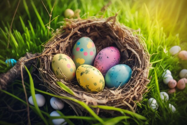 Buona Pasqua Nido con uova di Pasqua in erba Sfondo della decorazione di Pasqua IA generativa