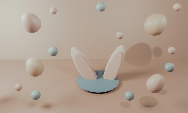 Buona Pasqua simpatico cartone animato Composizione pasquale Orecchie da coniglio e uova dipinte su uno sfondo delicato Illustrazione 3D