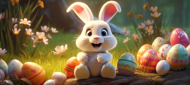 Buona Pasqua striscione colorato con cartoon cute coniglio coniglio e un sacco di uova