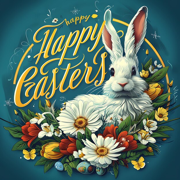 Buona Pasqua un coniglio con uno sfondo giallo che dice buona Pasqua