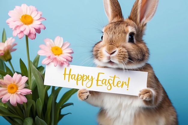 Buona Pasqua Wishes Card coniglio di Pasqua con fiori su uno sfondo blu