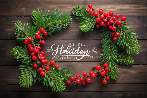Buone vacanze Testo con rami sempreverdi di Natale e bacche rosse per le vacanze invernali nell'angolo su sfondo di legno rustico